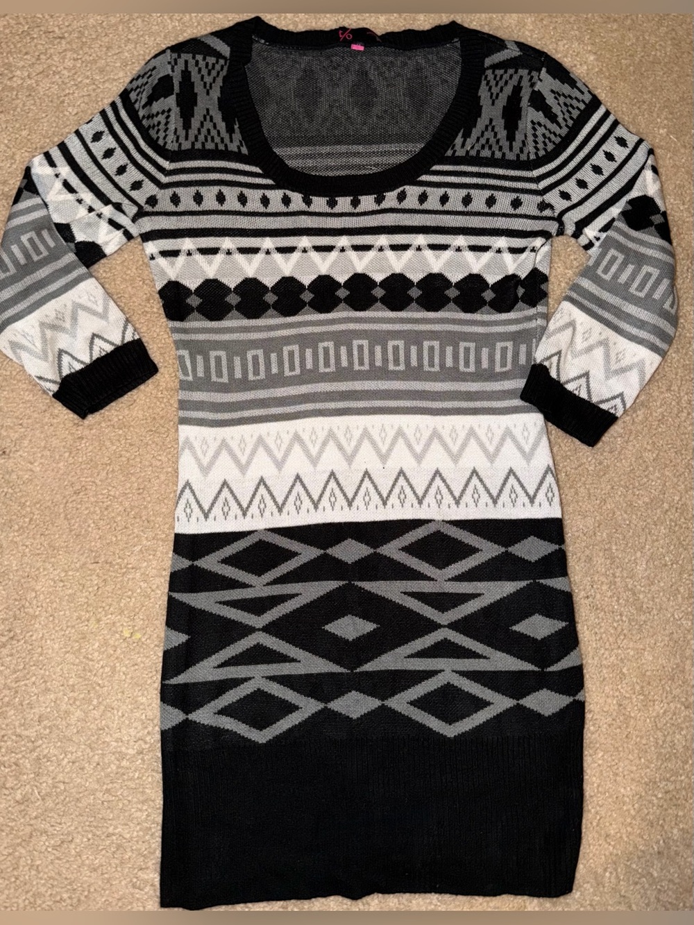 Black and Gray Patterned Knit Sweater Dress